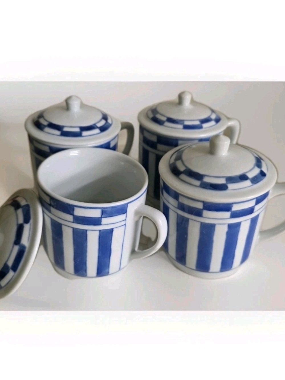 IDG Williams -Sonoma Blue and White Striped Ceramic Lidded Mugs - Set of 4